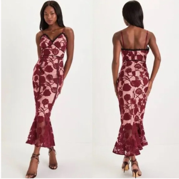 Lulu’s Alluring Dream Burgundy Floral Mesh Lace Trumpet Midi Dress S - Picture 1 of 15